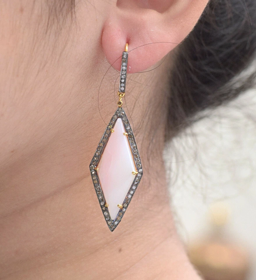 Pendientes colgantes de plata 925 con piedras preciosas de ópalo pavé de diamantes oro de 14K joyería de regalo fina Foto 2 de 4