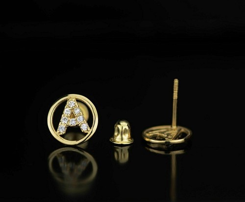 Solid 14k Gold Round Initial Letters CZ Stud Screw Back Earrings Name Earrings - Picture 2 of 27
