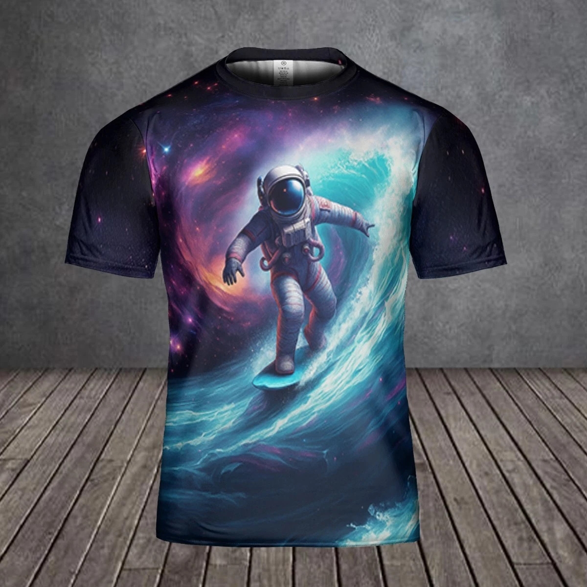 Astronaut Surfing Space Wave Graphic Tee, Galaxy Cosmic All-Over Print T-shirt