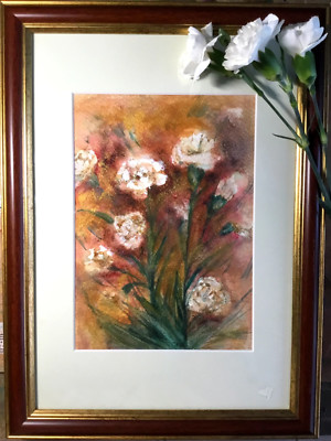 White Carnation Flower Painting, Original Watercolour & Pastel Art, Floral Wall