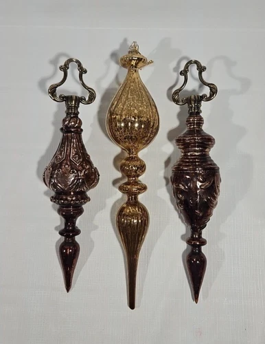 3 Christmas Ornament Lot Hand Blown Fused Glass Copper Brown Tone 13" Long Large