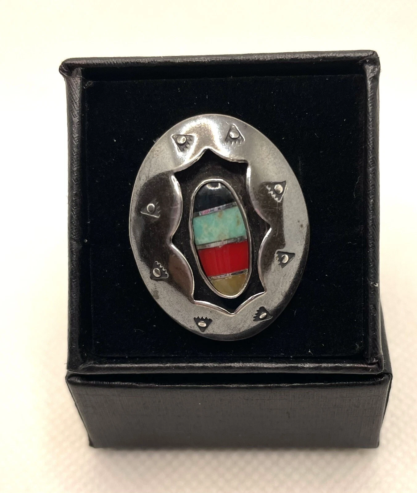 Vtg Native American Sterling Silver. Onyx Turquoise Coral Ring Size 6.25