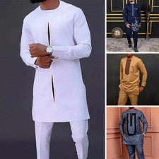 Men's Big Stone Long sleeved Shirt White Pants Set Men's 2-piece Clothing Set