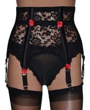 Lace 6 Strap Suspender Belt with High Waist and Boned in Black or White