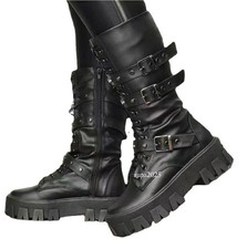 Womens Gothic Boots Lace Up Zip Platform Chunk Heel Mid Calf Boots Punk Shoes