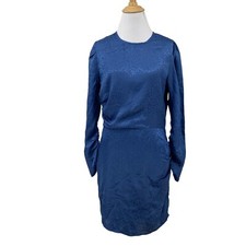NSR Mini Dress Womens M Medium Blue Jacquard Leopard Ines Ruched Puff 3/4 Sleeve
