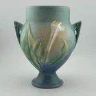 Roseville Thorn Apple 811-6 Blue Matte Vase 6¼″ Pierced Handles 1930s Vintage