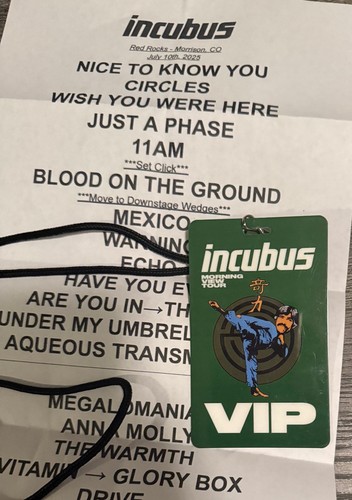 INCUBUS - RED ROCKS AMPHITHEATRE 7/10/2025 Concert Setlist & VIP Pass Colorado - Picture 2 of 3