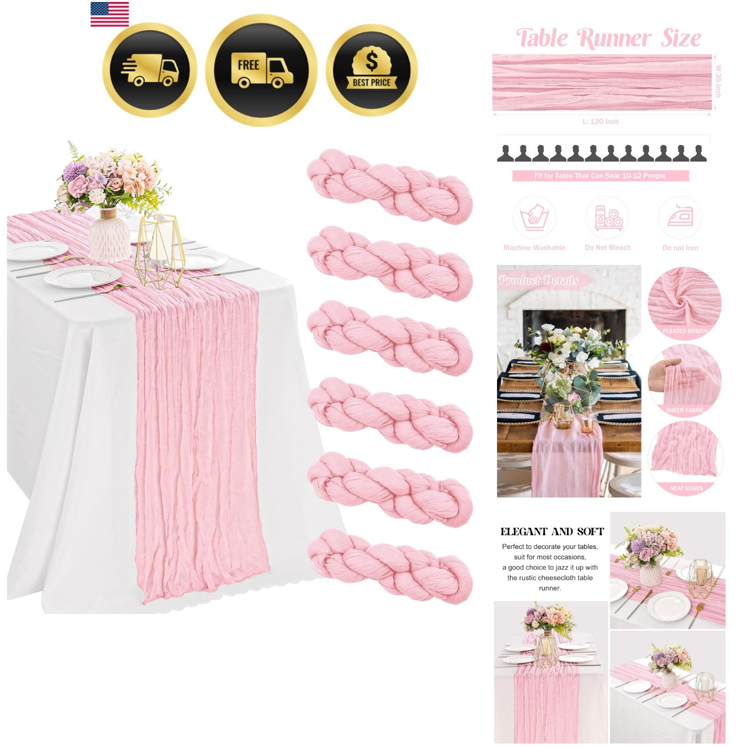 Paquete de 6 corredores de mesa de tela de gasa boho de 10 pies rosa decoración de boda rústica