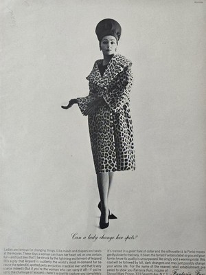 1962 Women's Fantasia Furs leopard print coat Can Lady Change Spots vintage ad 