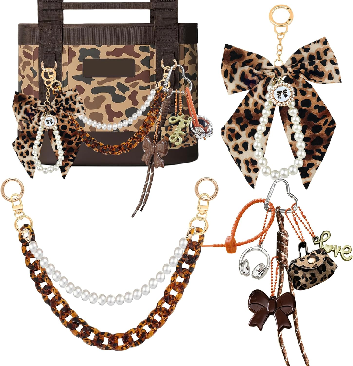 7 Pcs Tote Bag Charm Set Leopard Bow Pearl Pom Pom Keychain Accessories Leopard Bow Keychain Accessories Y2k Heart Bag Charms for  main image 3