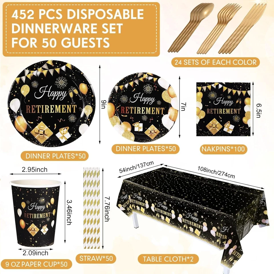 Complete Black Gold Retirement Celebration Set - 452 Pcs Plates, Cutlery & More - Image 4 of 4