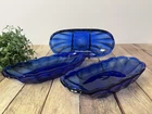 Vintage MCM Anchor Hocking Fountainware Cobalt Blue Fluted 3 Bananas Split Bowls