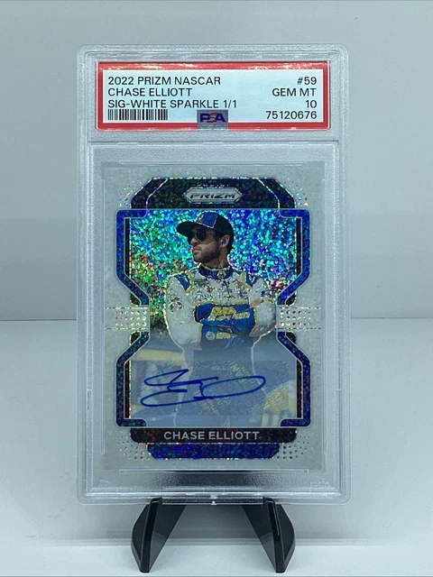 Chase Elliott 2022 Prizm Racing White Sparkle 1/1 Autographs PSA GEM MT 10!!