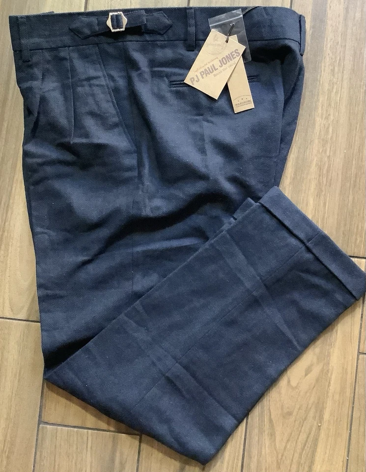 PJ Paul Jones 羊毛混纺裤子男式 XL 码粗花呢人字形深海军蓝 — 第 4/4 张图片