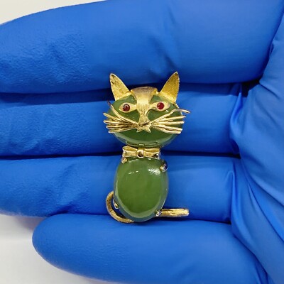 14k Yellow Gold Cat Kitten Green Jade & Ruby Red Eyes Brooch Pin 9.5g