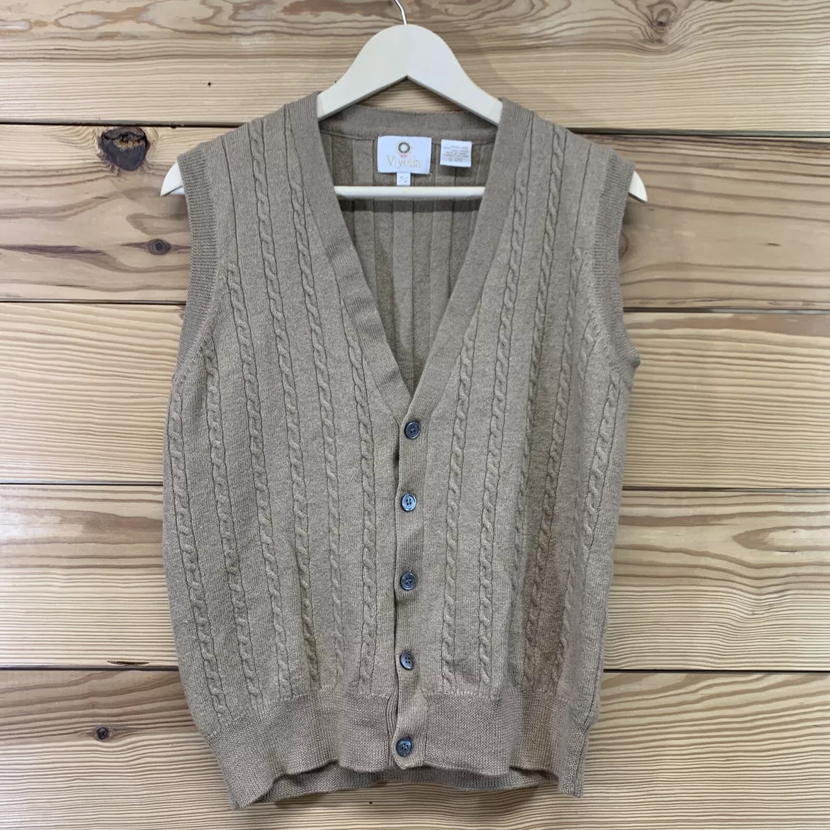 Viyella Sweater Vest Medium Camel Beige 100 Merino Wool Button Up