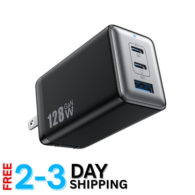 Compact 3-Port 128W USB-C Wall Charger - Foldable Design for Multiple Devices
