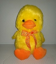 Megatoys YELLOW DUCK 12in Soft Plush Orange Beak Feet Orange Daisy Grosgrain Bow