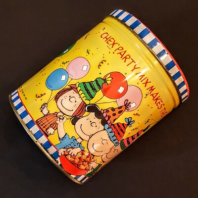 Chex Party Mix Peanuts Gang Metal Tin 40 Years 6'' tall Round Charlie Brown Linus