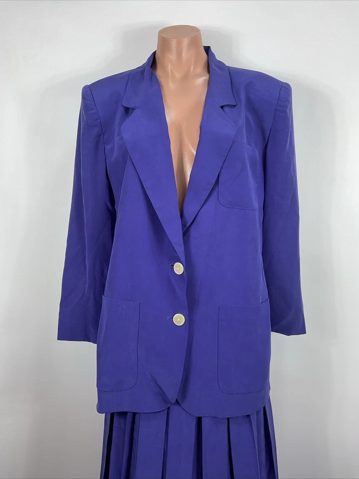 Vintage Pleated Skirt Suit Pure Silk Talbots Longline Blazer Purple 2 Piece - Image 4 of 4