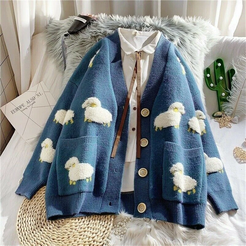 Ladies Girl Cute Sweater Coat Cardigan Knitted Tops Kawaii Preppy Cartoon  Casual