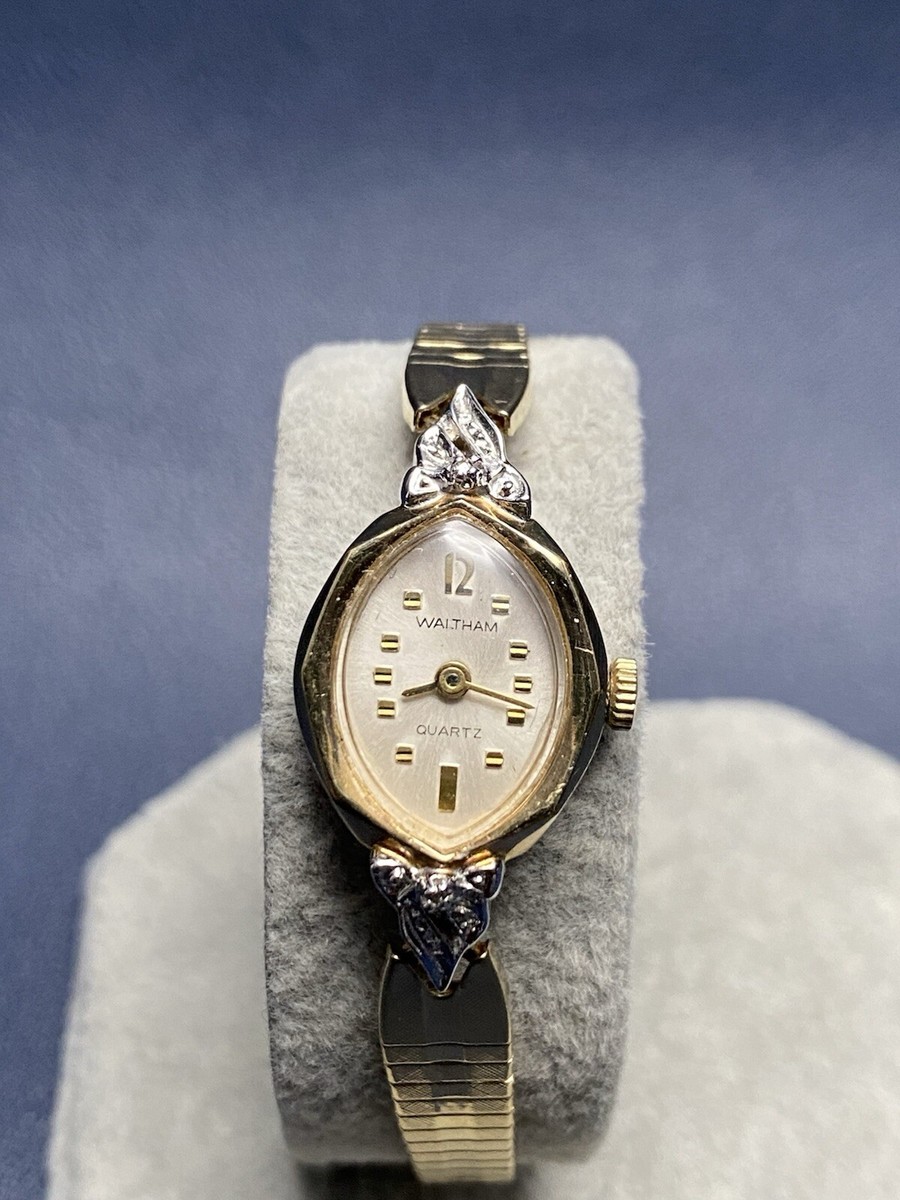 Vintage Waltham Ladies Crystal Gold Tone Analog Quartz Watch