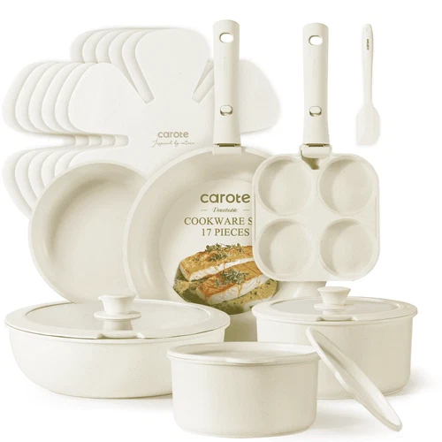 Carote 17-Piece Nonstick Granite Cookware Set with Removable Handles, White