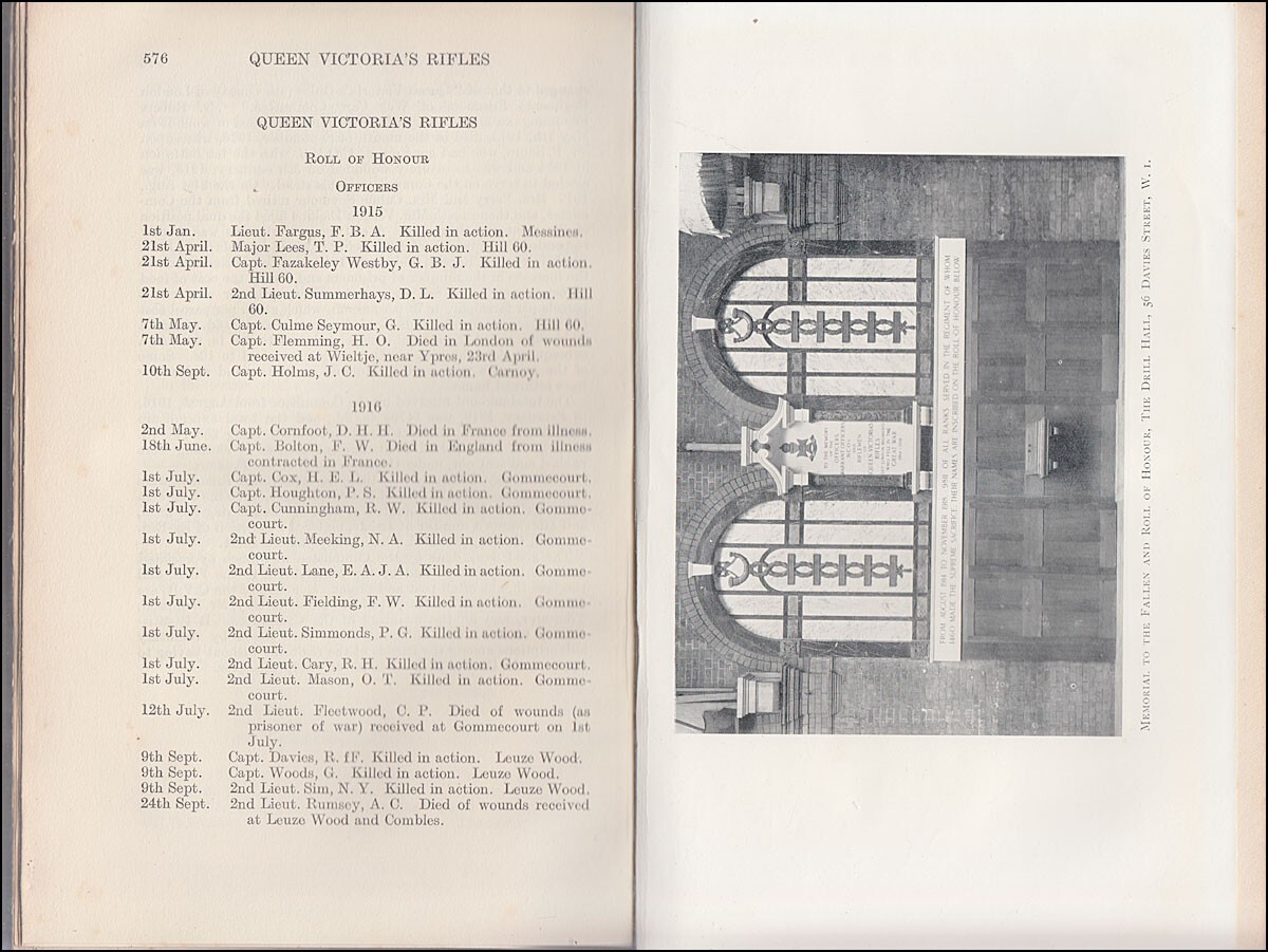 Keeson The HISTORY & RECORDS of QUEEN VICTORIA'S RIFLES 1792-1922 Ypres Somme &c
