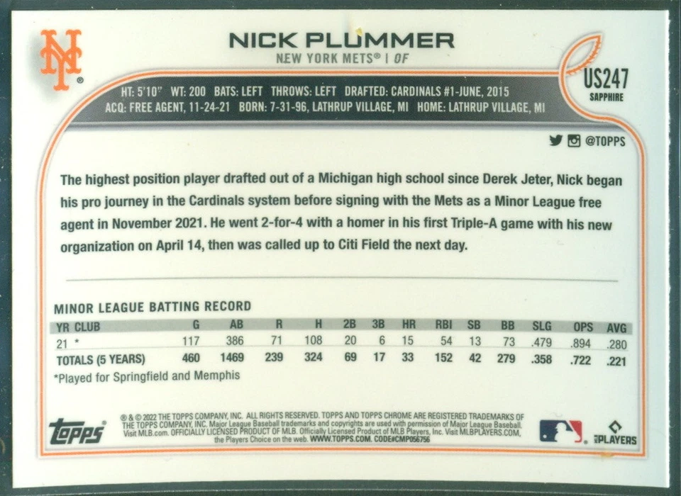 2022 Topps Chrome Update Sapphire Edition US247 NICK PLUMMER RC Mets - Image 2 of 2