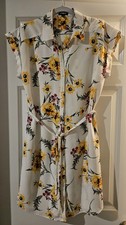 Express Womens White Floral Yellow Pink Dress Medium Cap Sleeve Short Button Up