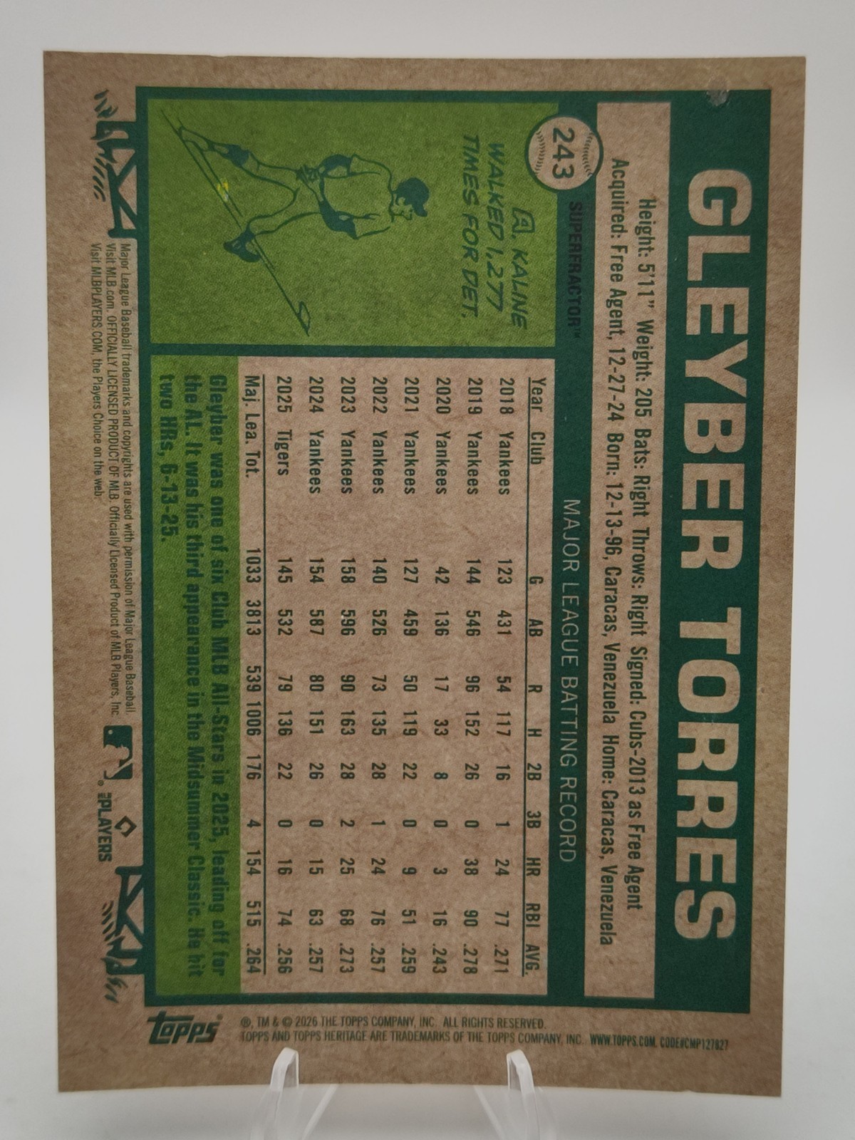 2026 Topps Heritage Chrome Gleyber Torres #243 Superfractor 1/1 Detroit Tigers view 2