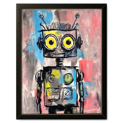Yellow Eyed Robot Painting   Outsider Art Pop Art 11x14 Canvas