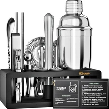 Mixology Bartender Kit with Stand - 15 Piece Bar Tool Set, Silver, Black