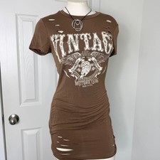 Windsor Brown Distressed Motorcycle Graphic Mini Dress Ruched Size M Alt Biker
