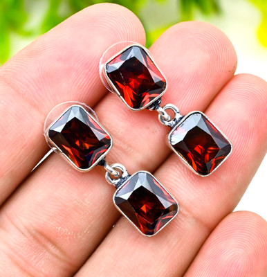 Mozambique Garnet Gemstone 925 Sterling Silver Handmade Jewelry Earrings 1.90''