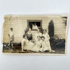 Antique Photo Pretty Girls Sit On Grass While Fun Man Looks Through Window 1930s