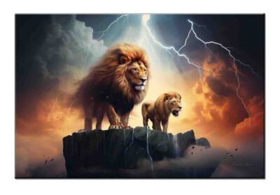 Thunderous Summit: Two Lions Roaring Amidst Lightning-Wall Decor-Best Giclee