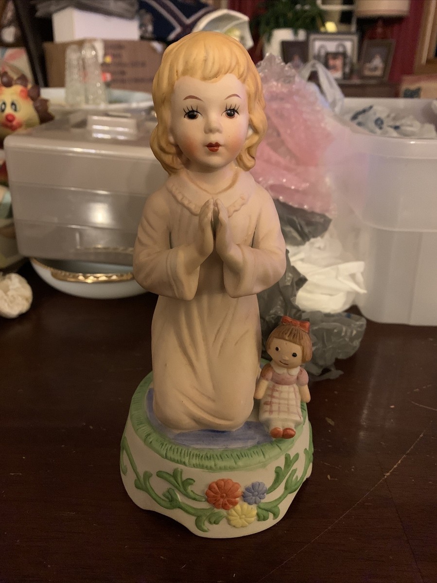 Little Girl With Doll Praying. Music Box. 1979. Signed R R