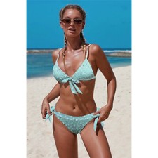 Boho Smocked Adjustable Floral Tie Sides Bikini Swimsuit Padded Triangle Mint