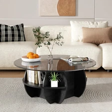 Round Coffee Table, Modern Coffee Table Glass Top with Solid Wood Base, Large Ru