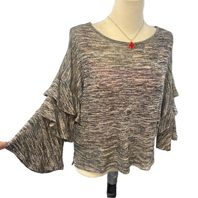 Love J Womens Lightweight Knit Sweater XL Ruffle Bell Sleeves Heather Brown Boho