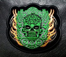 SKULL TRIBAL FLAME EMBROIDERED 4 INCH IRON ON MC BIKER PATCH