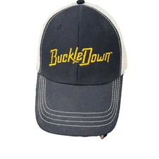 Buckle Down in Gold Script on Black Trucker Hat Cap w White Snapback Brewery EUC