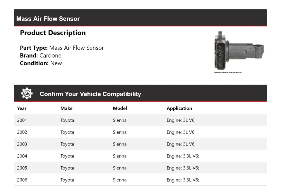 For 2001-2006 Toyota Sienna Mass Air Flow Sensor Cardone 2002 2003 2004 2005 - Image 2 of 4