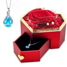 Preserved Red Real Rose With Necklace Forever Flowers Diamond Shaped Box Pres...
