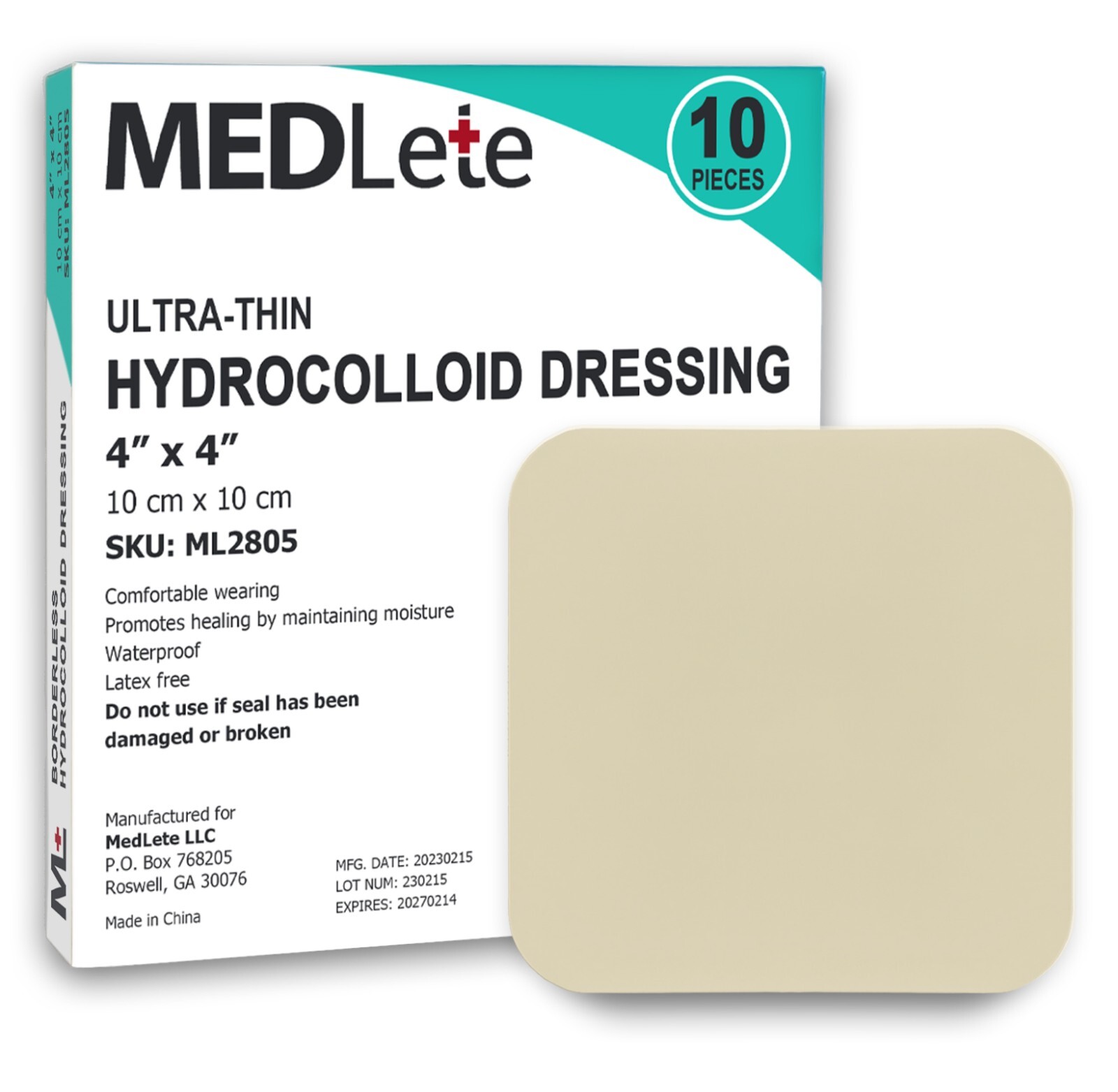 Hydrocolloid Dressing Bandage Thin Borderless 4" x 4" Box of 10