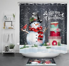 Snowflakes Cardinals Xmas Snowman Grey Shower Curtain Set for Bathroom Decor