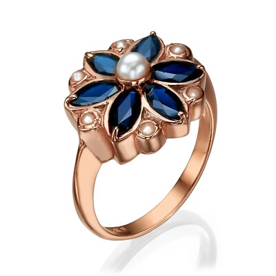 Vintage Style Flower Ring 14K Rose Gold Blue Sapphire and Pearl Israeli  Jewelry