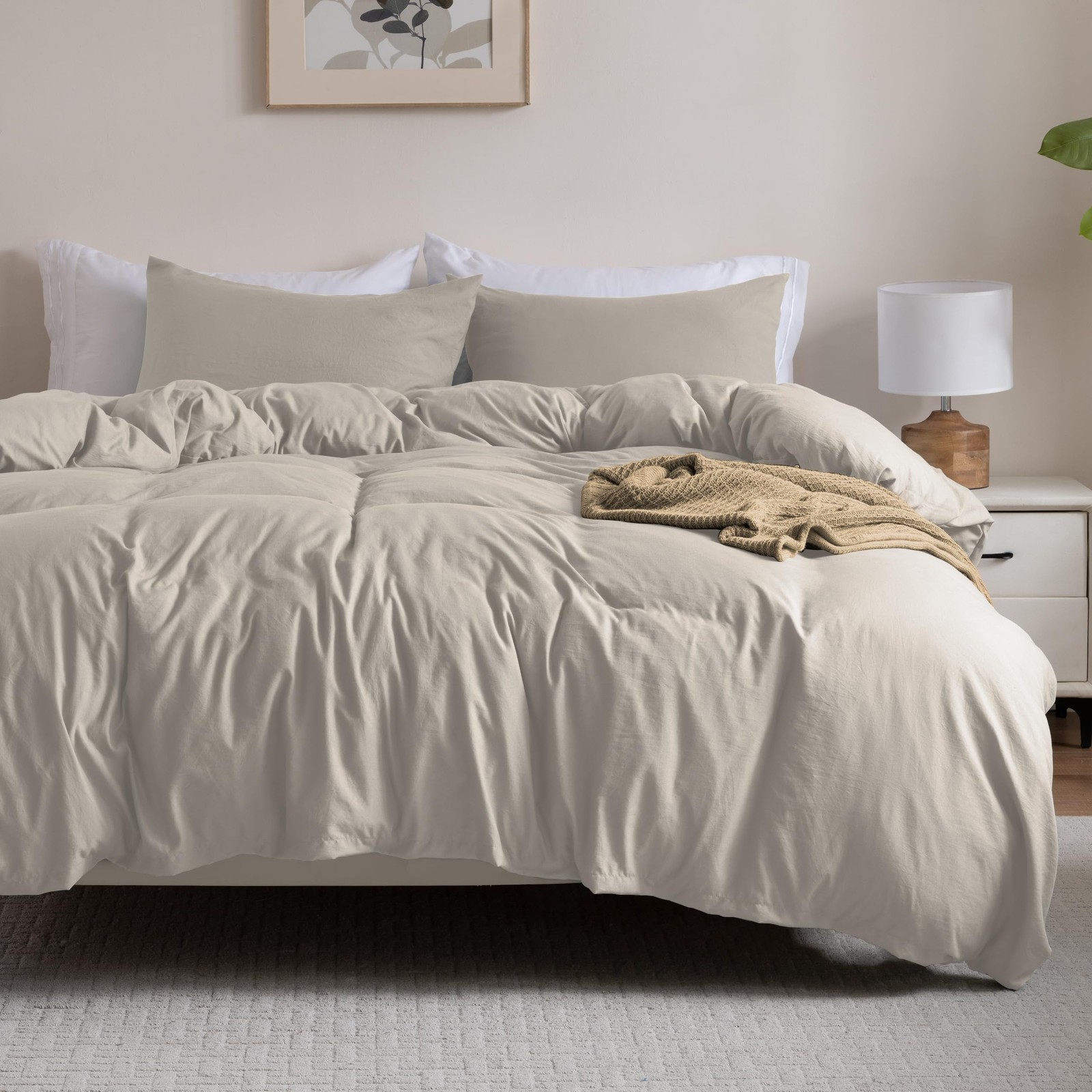 Washed Linen Color Duvet Cover Set Queen Size, 3 Piece Prewashed Microfiber C...